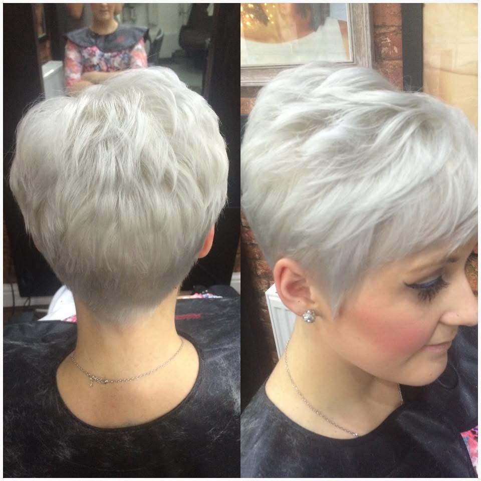 Silver pixie cut, back and side view