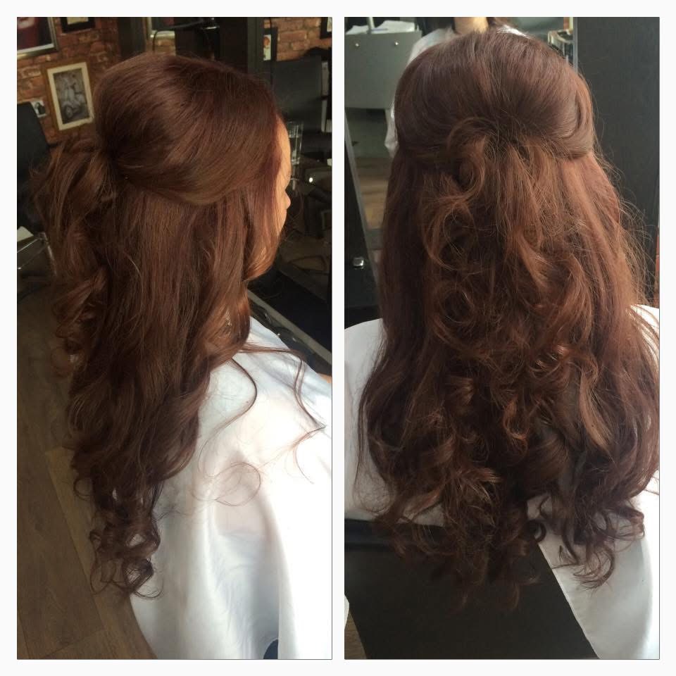 Brunette half up curls, front and back